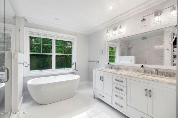 Bathroom, Dual Sink Vanities, Free Standing Baths, Interior, Marble Walls, Recessed Lighting