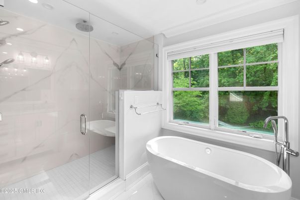 Bathroom, Free Standing Baths, Glass Shower, Interior, Marble Walls, Recessed Lighting