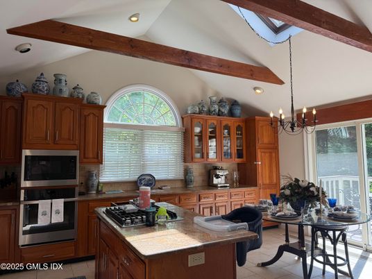 Chandelier, Interior, Kitchen, Recessed Lighting, Stainless Steel Appliances, Wooden Beams