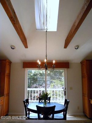 Chandelier, Dining room, Interior, Recessed Lighting, Wooden Beams