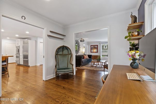 Dining room, Interior, Kitchen, Living room, Recessed Lighting, Stainless Steel Appliances, Wood Texture Flooring