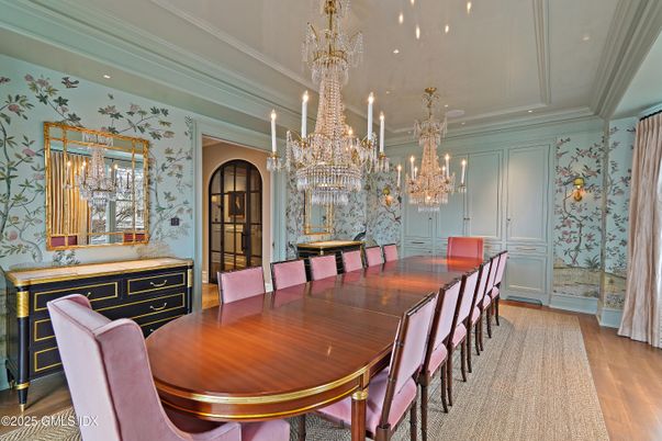 Chandelier, Dining room, Interior, Recessed Lighting, Wood Texture Flooring