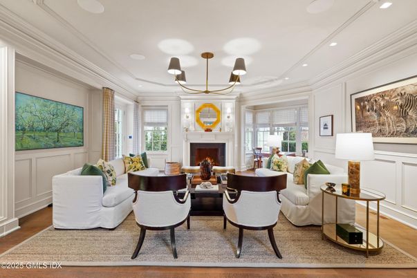 Chandelier, Fireplace, Interior, Living room, Recessed Lighting, Wood Texture Flooring