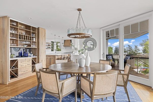 Dining room, Interior, Pendant Lights, Recessed Lighting, Wood Texture Flooring