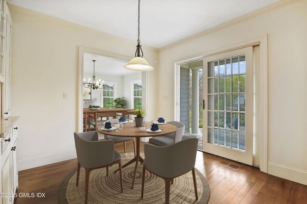 Chandelier, Dining room, Interior, Pendant Lights, Wood Texture Flooring