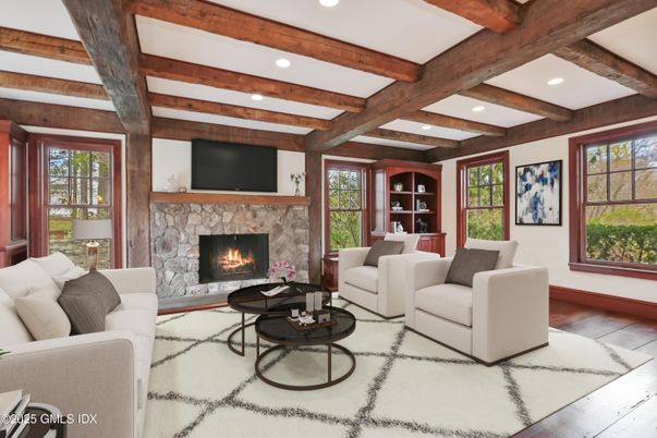 Fireplace, Interior, Living room, Recessed Lighting, Wooden Beams, Wood Texture Flooring