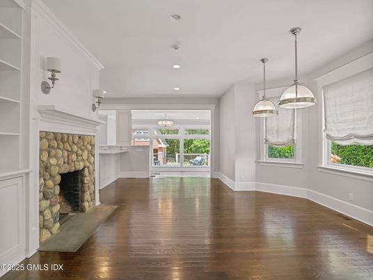 Empty room, Fireplace, Interior, Pendant Lights, Recessed Lighting, Wood Texture Flooring