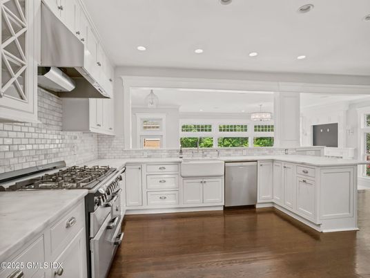 Chandelier, Interior, Kitchen, Recessed Lighting, Stainless Steel Appliances, Wood Texture Flooring