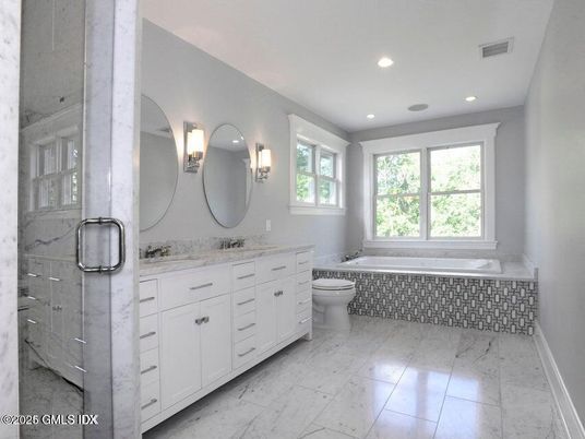 Bathroom, Dual Sink Vanities, Interior, Marble, Recessed Lighting