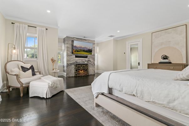 Bedroom, Fireplace, Interior, Recessed Lighting, Wood Texture Flooring