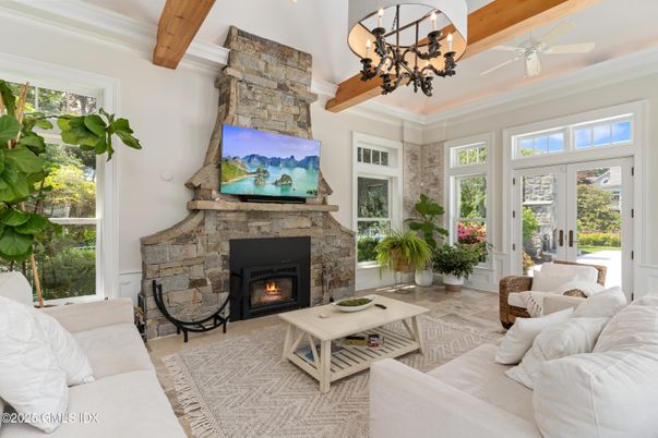 Chandelier, Fireplace, Interior, Living room, Stone Walls, Wooden Beams