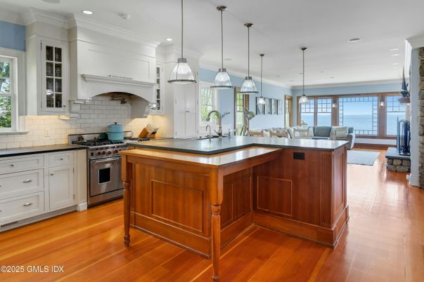 Interior, Kitchen, Pendant Lights, Recessed Lighting, Stainless Steel Appliances, Water, Wood Texture Flooring