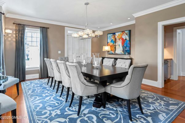Chandelier, Dining room, Interior, Recessed Lighting, Wood Texture Flooring