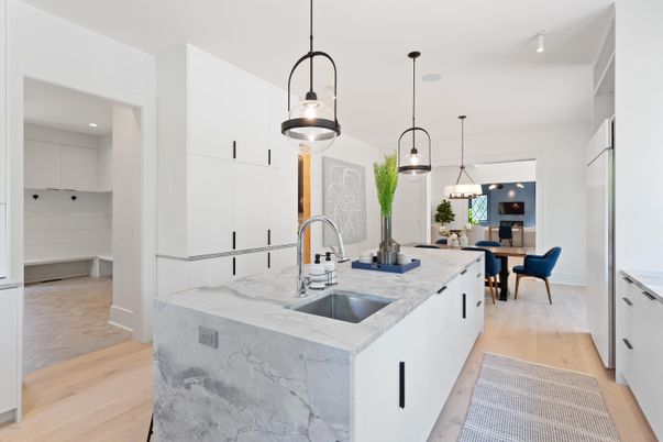 Dining room, Interior, Kitchen, Pendant Lights, Recessed Lighting, Wood Texture Flooring