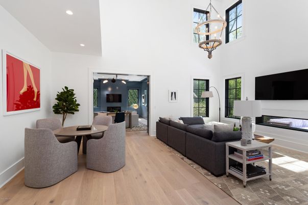 Dining room, Interior, Living room, Pendant Lights, Recessed Lighting, Wood Texture Flooring