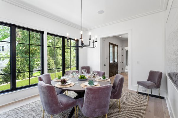 Dining room, Interior, Pendant Lights, Wood Texture Flooring
