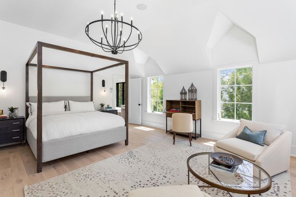 Bedroom, Interior, Pendant Lights, Wood Texture Flooring