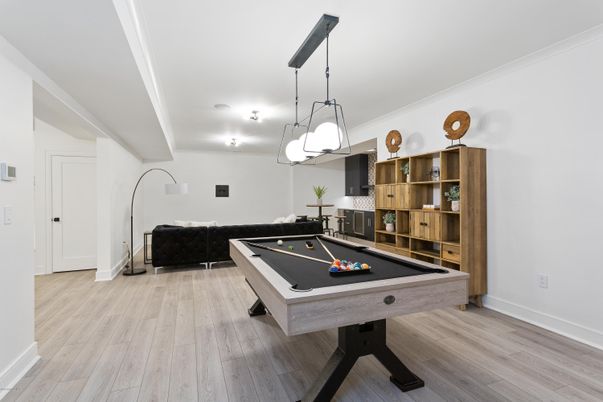 Billiard Table, Game Room, Interior, Pendant Lights, Wood Texture Flooring