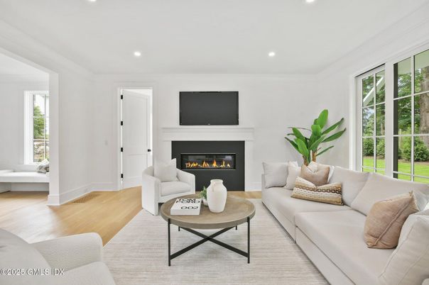 Fireplace, Interior, Living room, Recessed Lighting, Wood Texture Flooring