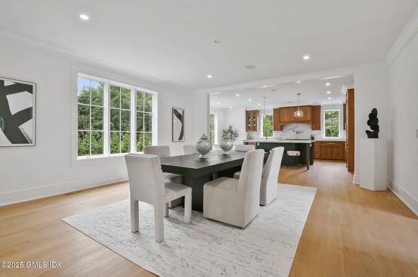 Dining room, Interior, Kitchen, Pendant Lights, Recessed Lighting, Wood Texture Flooring