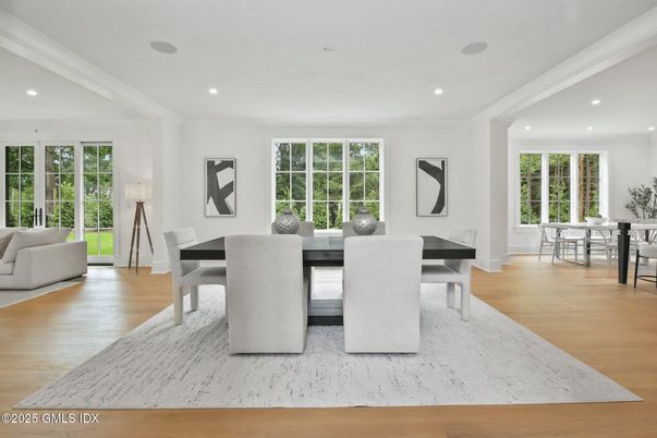 Dining room, Interior, Recessed Lighting, Wood Texture Flooring