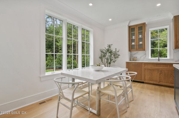 Dining room, Interior, Recessed Lighting, Wood Texture Flooring