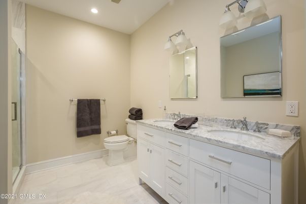 Bathroom, Dual Sink Vanities, Interior, Marble, Recessed Lighting