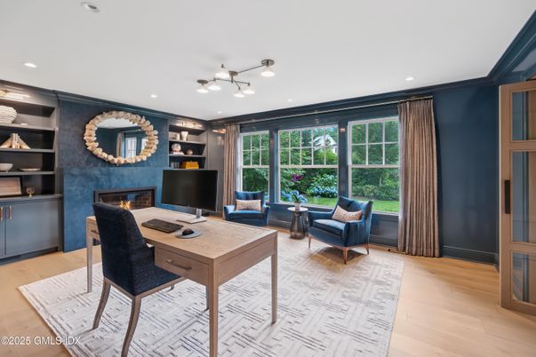 Fireplace, Home Office, Interior, Recessed Lighting, Wood Texture Flooring