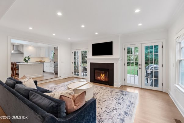 Fireplace, Interior, Kitchen, Living room, Recessed Lighting, Wood Texture Flooring