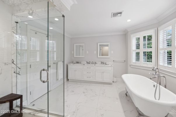 Bathroom, Dual Sink Vanities, Free Standing Baths, Glass Shower, Interior, Marble, Recessed Lighting