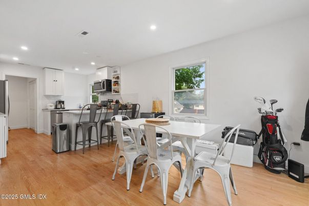 Dining room, Interior, Kitchen, Recessed Lighting, Wood Texture Flooring