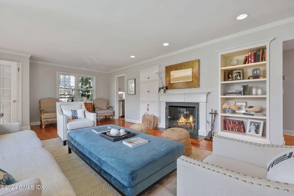 Fireplace, Interior, Living room, Recessed Lighting, Wood Texture Flooring