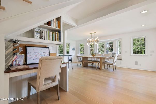 Dining room, Interior, Pendant Lights, Recessed Lighting, Wood Texture Flooring
