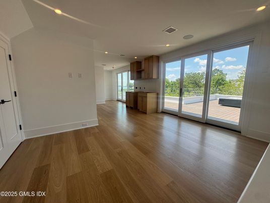 Empty room, Interior, Kitchen, Recessed Lighting, Wood Texture Flooring
