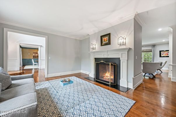 Fireplace, Interior, Recessed Lighting, Wood Texture Flooring
