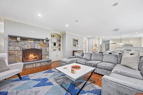 Fireplace, Interior, Kitchen, Living room, Pendant Lights, Recessed Lighting, Stone Walls, Wood Texture Flooring