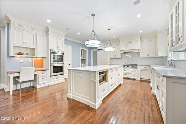 Interior, Kitchen, Pendant Lights, Recessed Lighting, Stainless Steel Appliances, Wood Texture Flooring