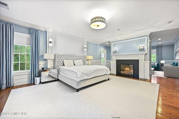 Bedroom, Fireplace, Interior, Recessed Lighting, Wood Texture Flooring