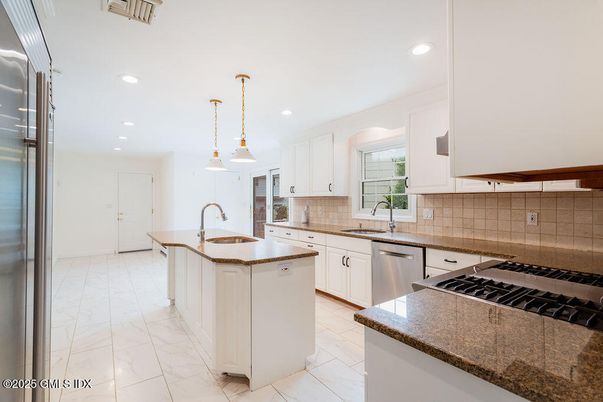 Interior, Kitchen, Marble, Pendant Lights, Recessed Lighting, Stainless Steel Appliances