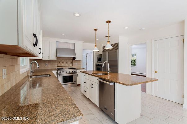 Interior, Kitchen, Marble, Pendant Lights, Recessed Lighting, Stainless Steel Appliances