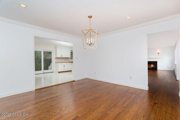 Empty room, Fireplace, Interior, Pendant Lights, Recessed Lighting, Wood Texture Flooring