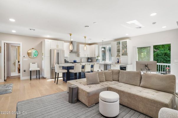 Dining room, Interior, Kitchen, Living room, Pendant Lights, Recessed Lighting, Stainless Steel Appliances, Wood Texture Flooring
