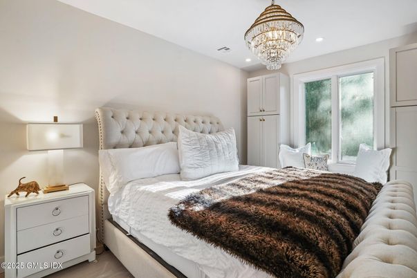 Bedroom, Chandelier, Interior, Recessed Lighting, Wood Texture Flooring