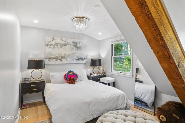 Bedroom, Chandelier, Interior, Recessed Lighting, Wood Texture Flooring