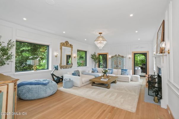 Chandelier, Fireplace, Interior, Living room, Recessed Lighting, Wood Texture Flooring