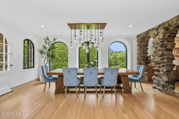 Dining room, Interior, Pendant Lights, Recessed Lighting, Wood Texture Flooring