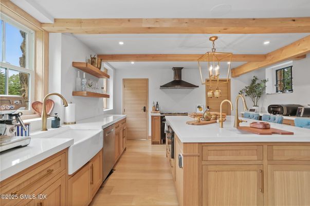 Interior, Kitchen, Pendant Lights, Recessed Lighting, Stainless Steel Appliances, Wooden Beams, Wood Texture Flooring