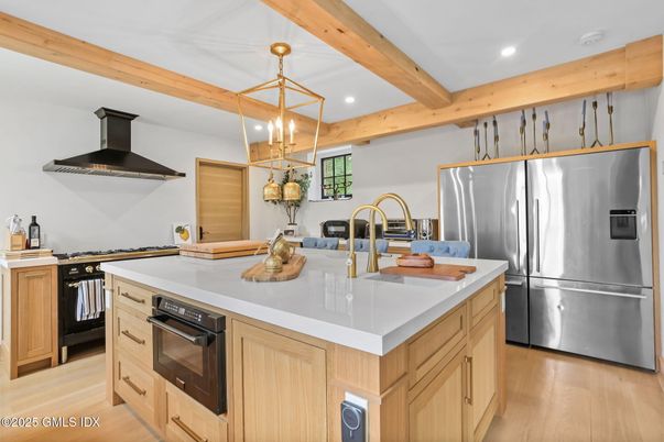 Interior, Kitchen, Pendant Lights, Recessed Lighting, Stainless Steel Appliances, Wooden Beams, Wood Texture Flooring