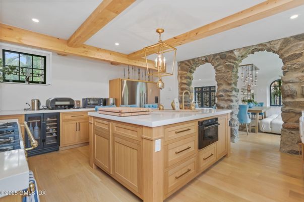 Interior, Kitchen, Living room, Pendant Lights, Recessed Lighting, Stainless Steel Appliances, Wooden Beams, Wood Texture Flooring