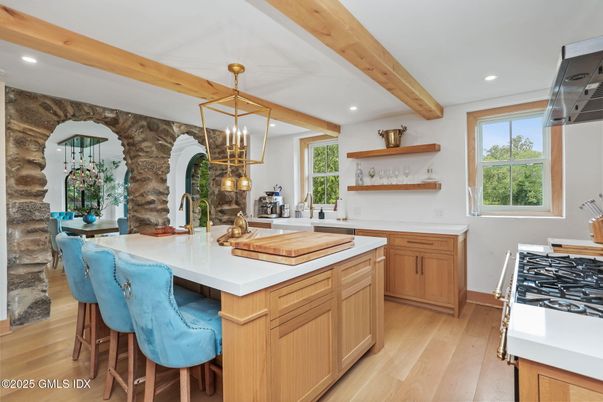 Interior, Kitchen, Pendant Lights, Recessed Lighting, Wooden Beams, Wood Texture Flooring